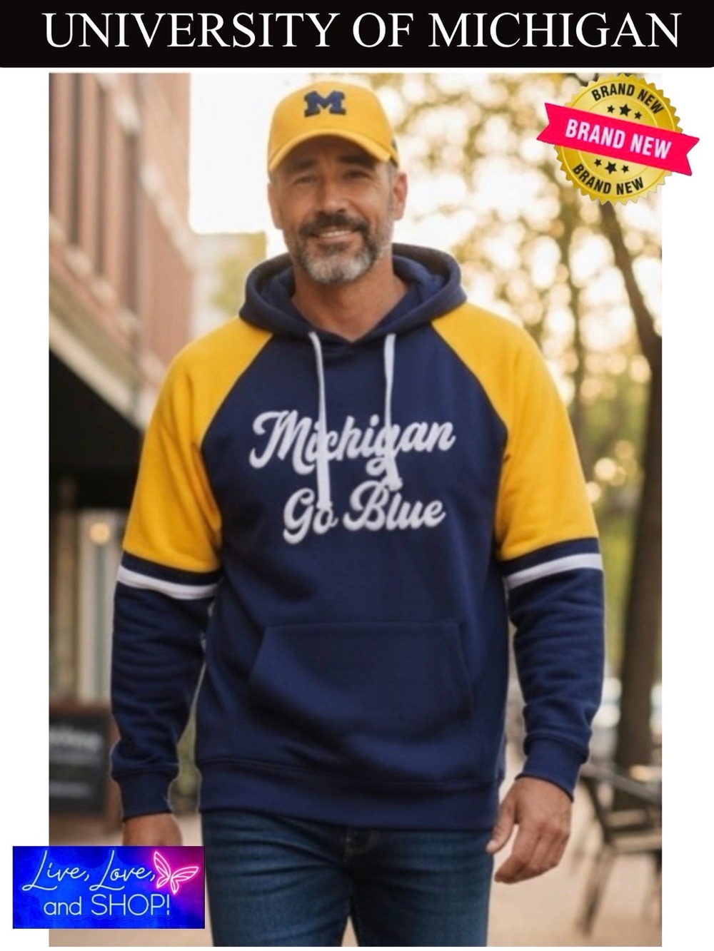 🐺 M: UofM Wolverines Oversized Colorblock Pullover Hoodie, Unisex, NWT 🐺